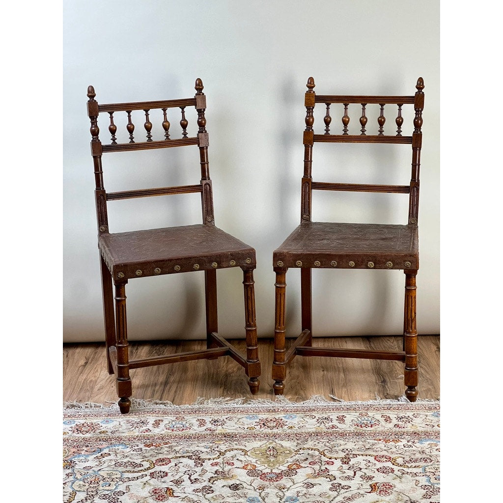 Antique Pair Neo-Baroque Italian Leather Seat Side Chairs c. Early 20th Century