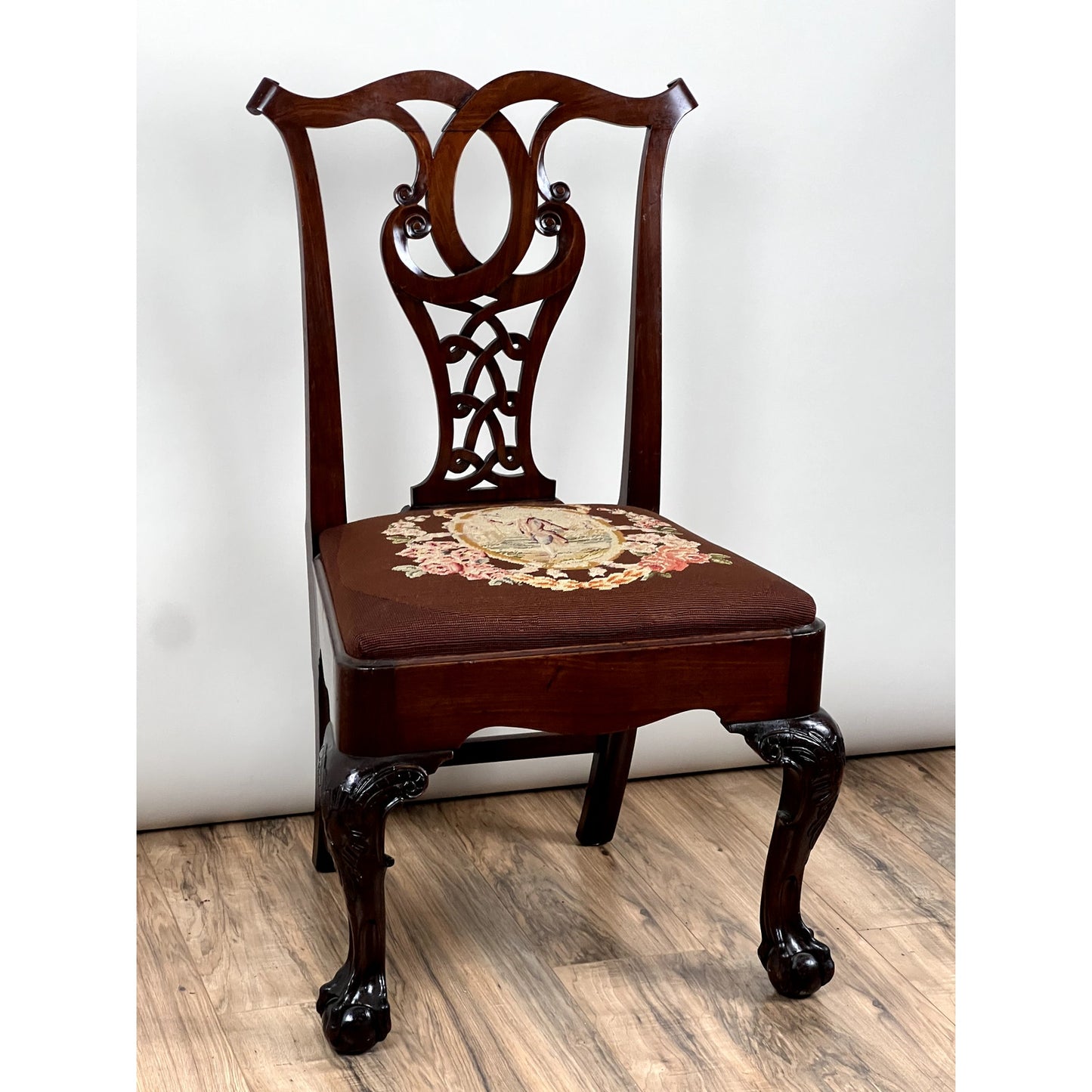Antique Chippendale Mahogany Tapestry Seat Side Chair c. Mid 19th Century