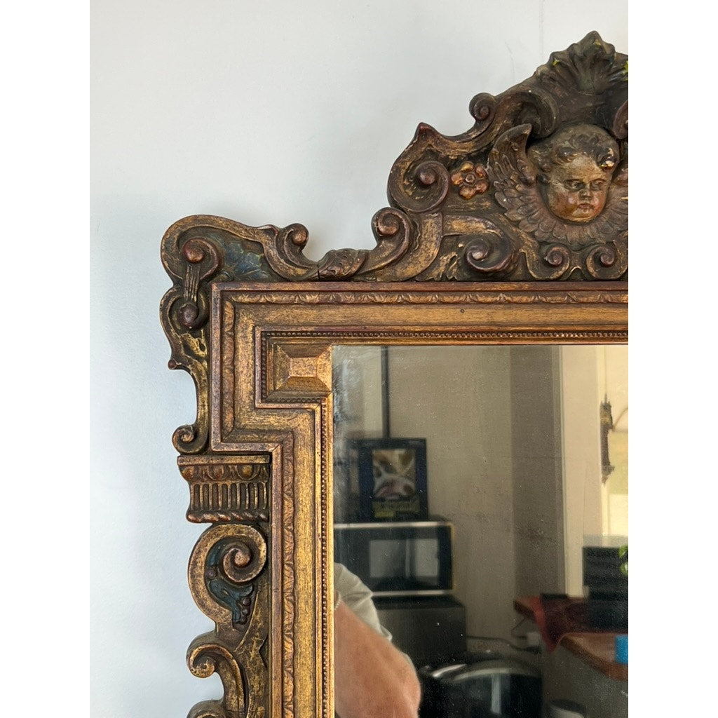 Antique Italian Regency Style Wall Mirror with Cherub Crest