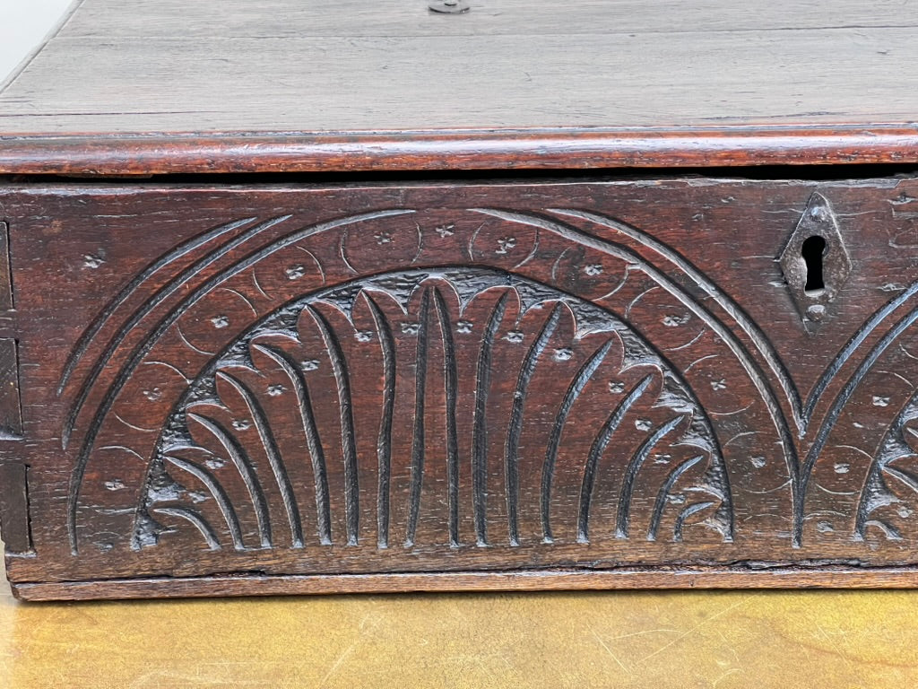 Antique Charles II Oak Bible Box with Carved Facade c. 1660-1685