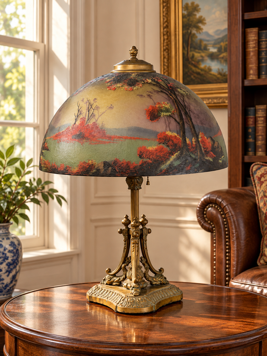 Antique Phoenix School Arts and Crafts Reverse Painted Lamp by Pittsburgh c. 1920 featuring a dome-shaped shade with a reverse-painted landscape of trees and autumn foliage on an ornate brass base.