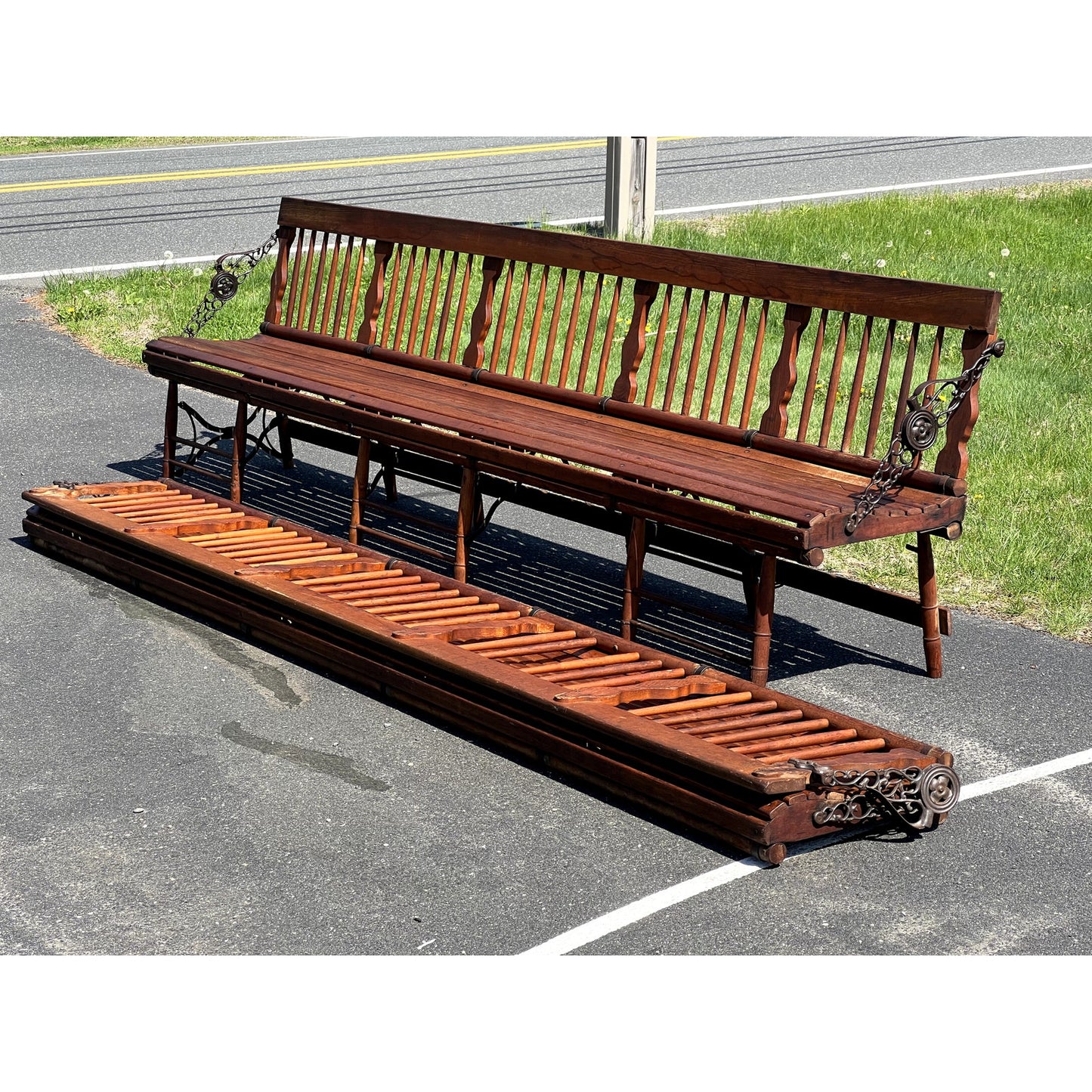Pair Antique Chestnut Folding Railroad Benches c. Late 19th Century