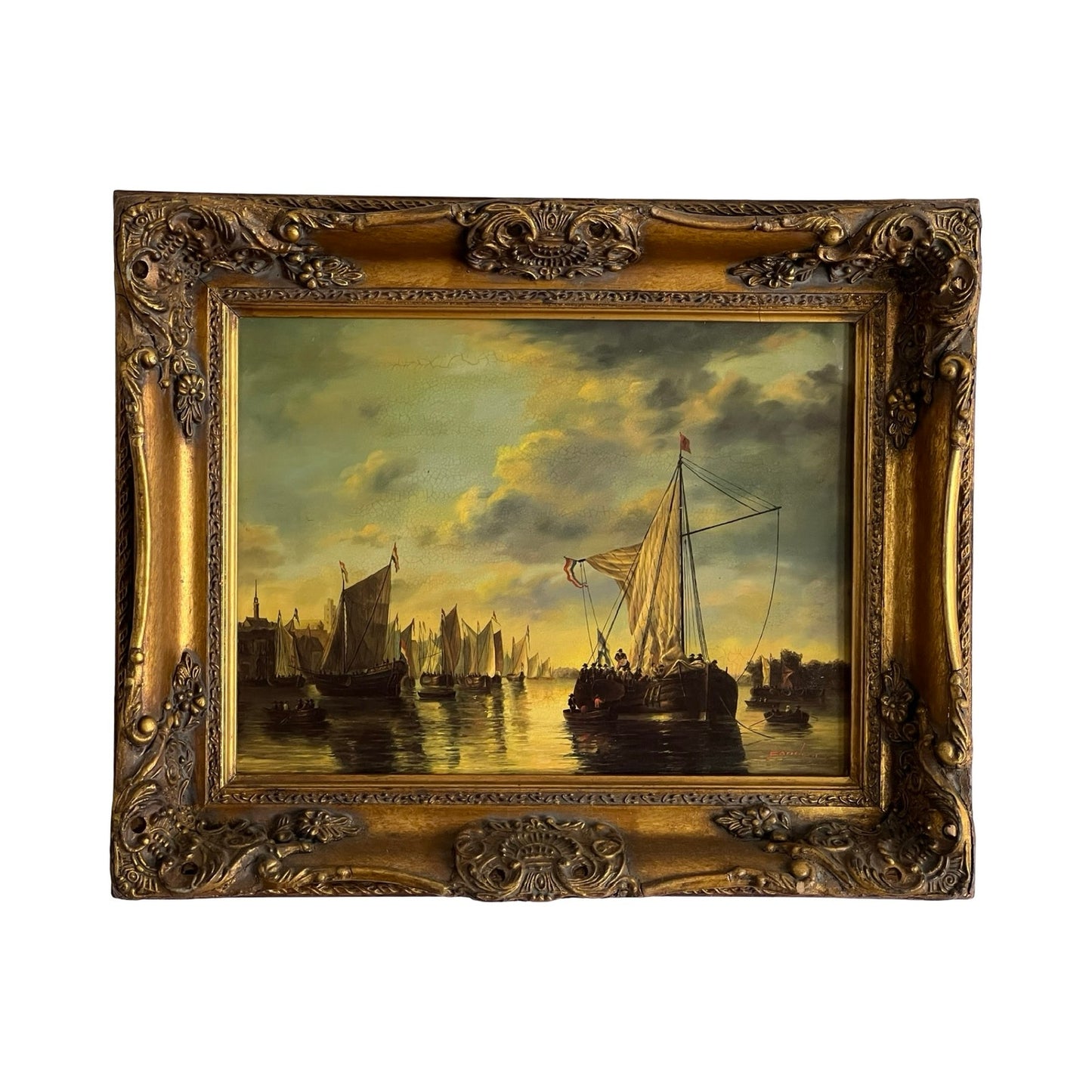 Vintage Oil on Board of French Harbor Scene Signed Fandent