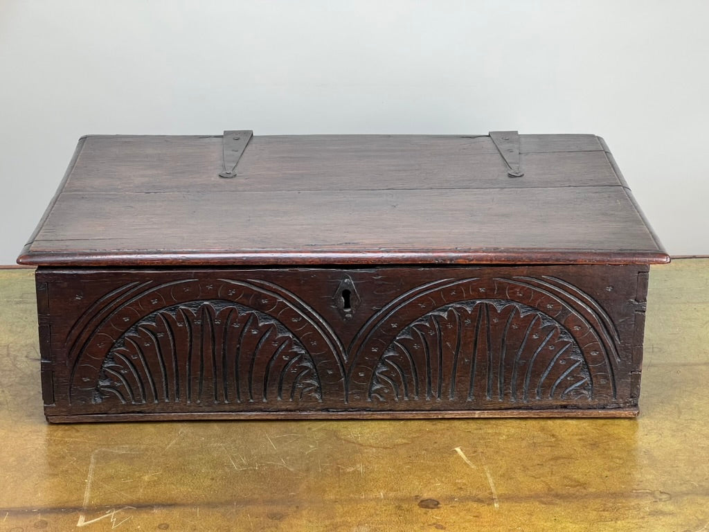 Antique Charles II Oak Bible Box with Carved Facade c. 1660-1685