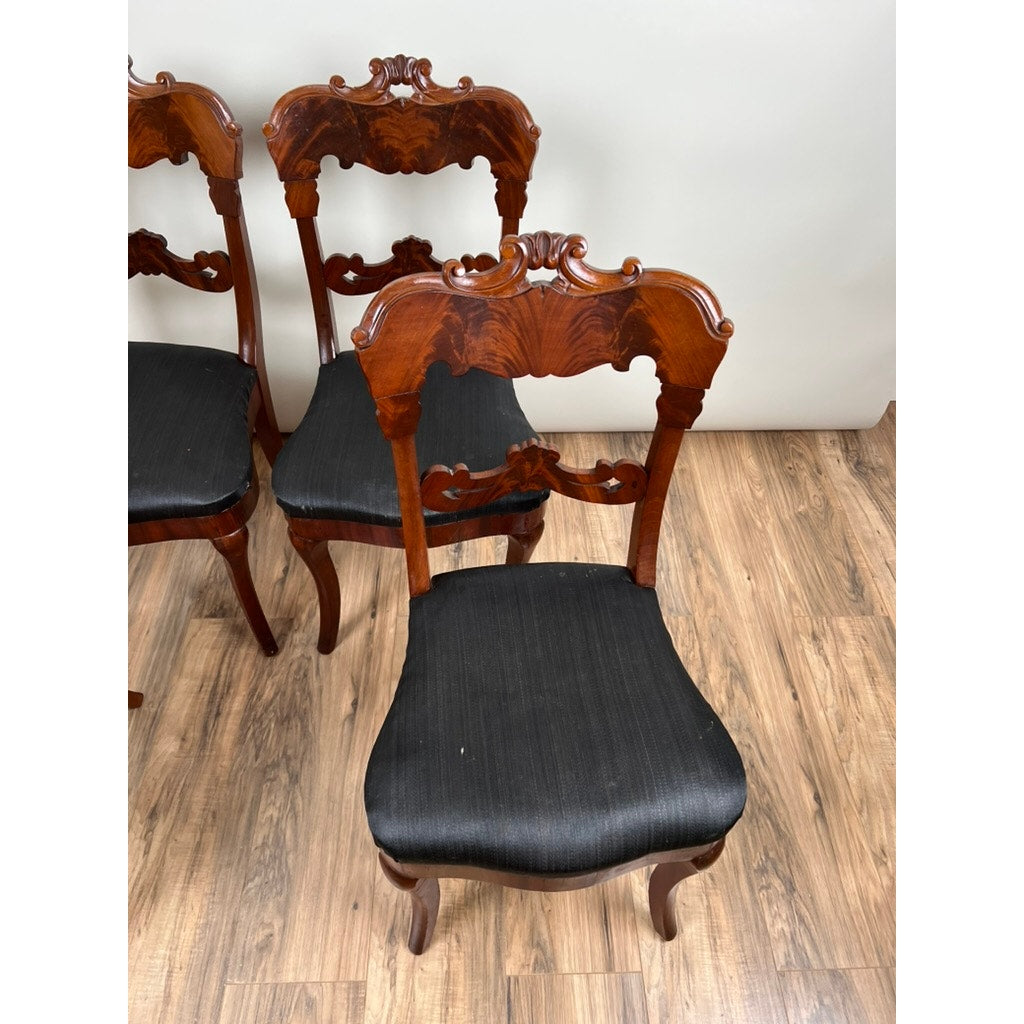Antique Suite of Four Empire Flame Mahogany Saber Leg Chairs c. 1840 Signed by the Maker