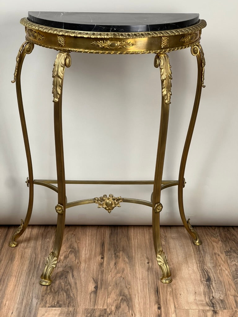 Antique Early 20th Century Louis XV Style Brass and Marble Demilune Table