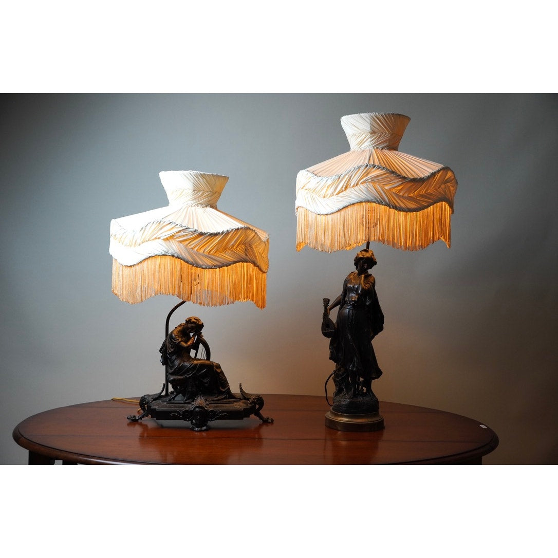 Vintage Pair of Art Nouveau Bronze Finish Figural Lamps c. 1920