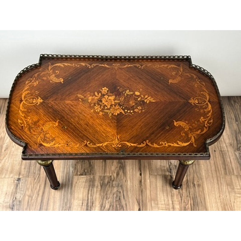 Late 19th century Louis XVI style coffee table, antique rosewood with marquetry inlay.