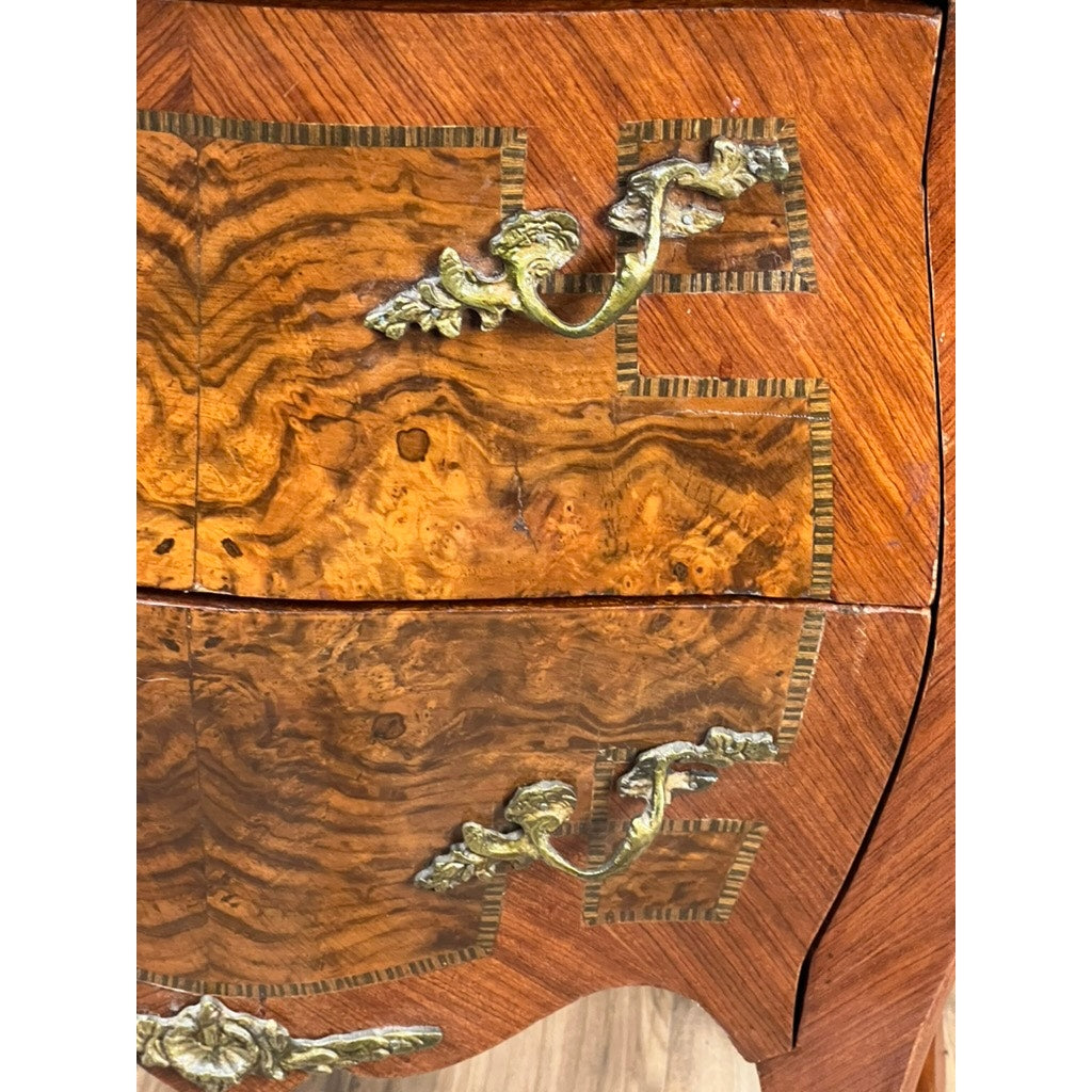 Small Vintage Mahogany Louis XVI Style Two Drawer Bombe Marble Top Commode c. 1940