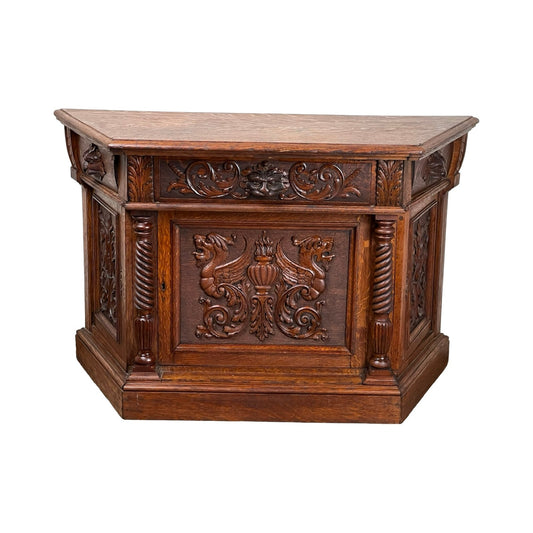 Antique Gothic Revival Tiger Oak Green Man Cabinet c. 1910