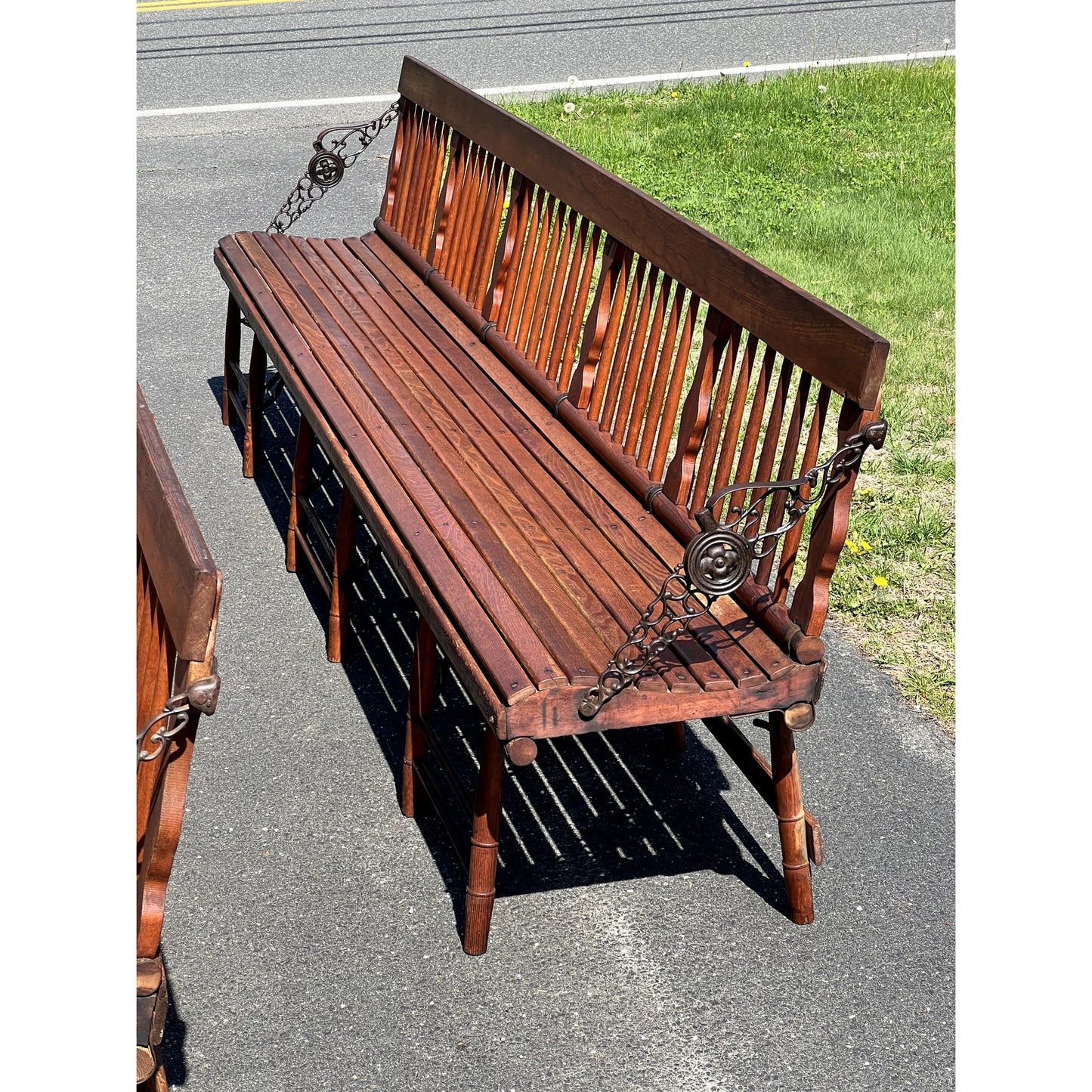 Pair Antique Chestnut Folding Railroad Benches c. Late 19th Century