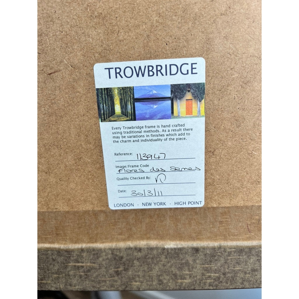 A Trowbridge label on brown packaging details a handcrafted "Phlox" Botanical Print frame after Louis van Houtte, Ref #112947, code LS Bamas, QC by ID on 3/31/11. Locations: London, New York, High Point. Brand: Trowbridge.