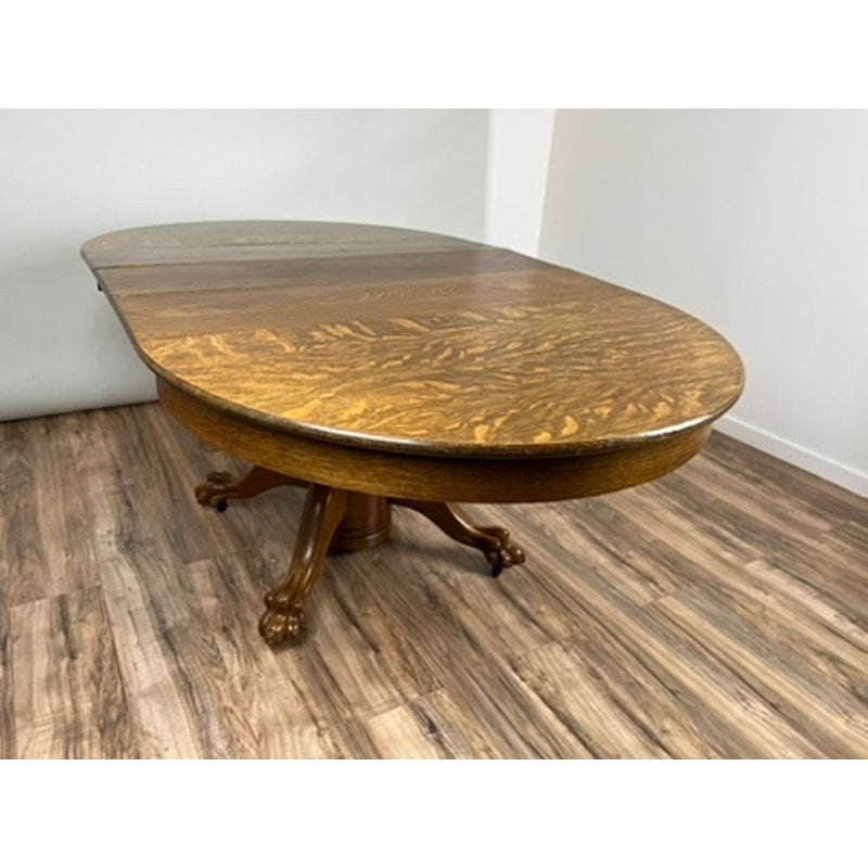 Vintage Tiger Oak Paw Foot Dining Table with Three Leaves c. 1940