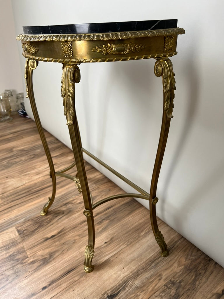 Antique Early 20th Century Louis XV Style Brass and Marble Demilune Table