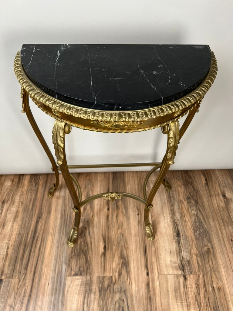 Antique Early 20th Century Louis XV Style Brass and Marble Demilune Table