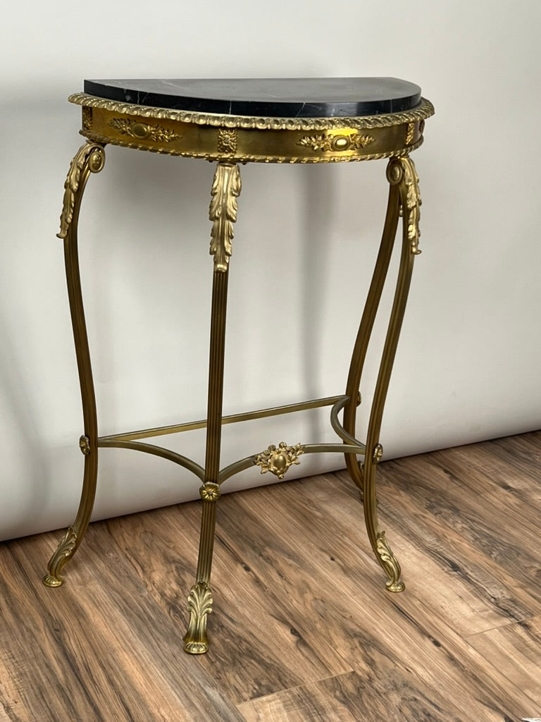 Antique Early 20th Century Louis XV Style Brass and Marble Demilune Table
