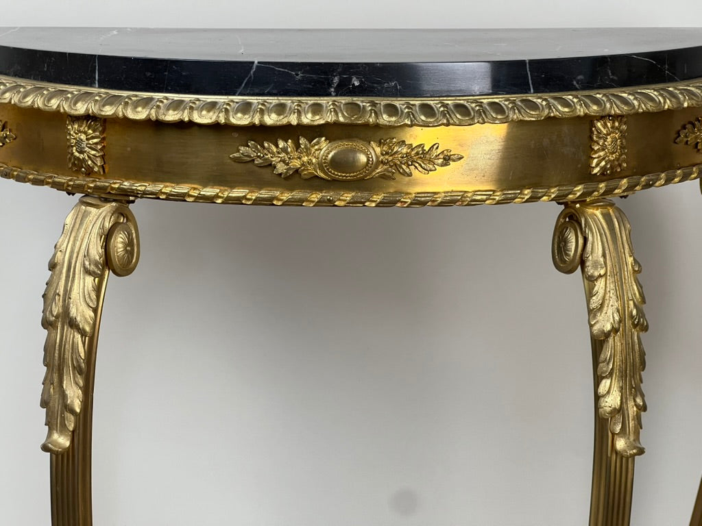 Antique Early 20th Century Louis XV Style Brass and Marble Demilune Table