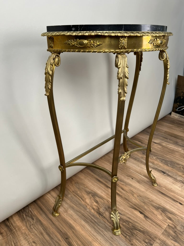 Antique Early 20th Century Louis XV Style Brass and Marble Demilune Table