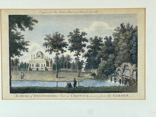 “The Duke of Devonshire’s Seat at Chiswick” Framed Print by Pearl City Antiques—an architectural garden scene engraved for the Modern Universal British Traveler, capturing classic British heritage.