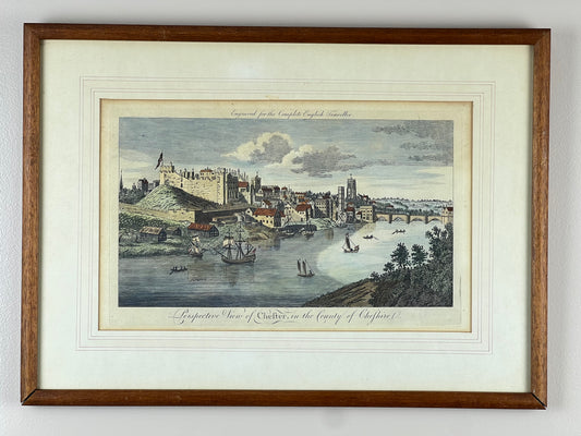 The “Perspective View of Chester, in the County of Cheshire” Framed Print by Pearl City Antiques captures riverside charm with a castle, boats, and historic buildings—an elegant historical engraving for classic décor.