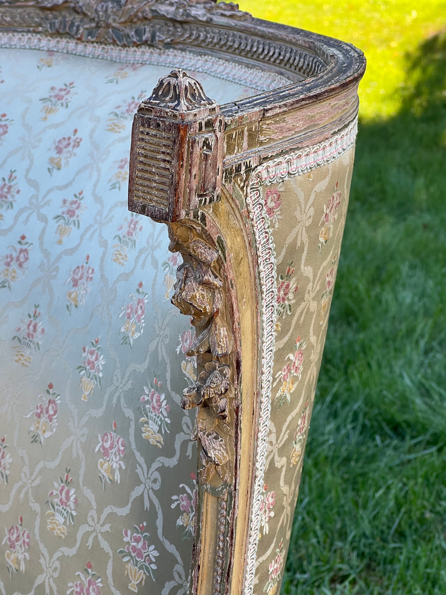 Antique Louis XVI Style Bergere Chair in Pale Silk