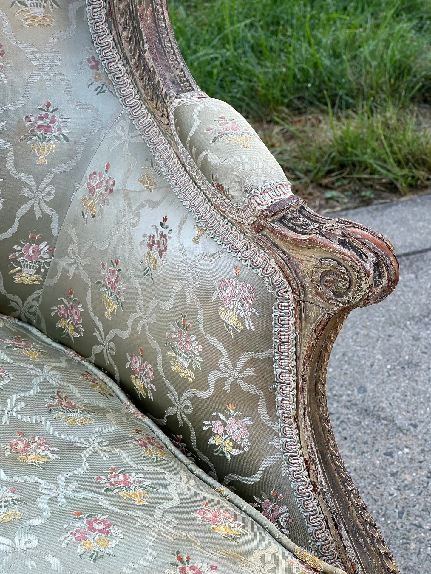 Antique Louis XVI Style Bergere Chair in Pale Silk