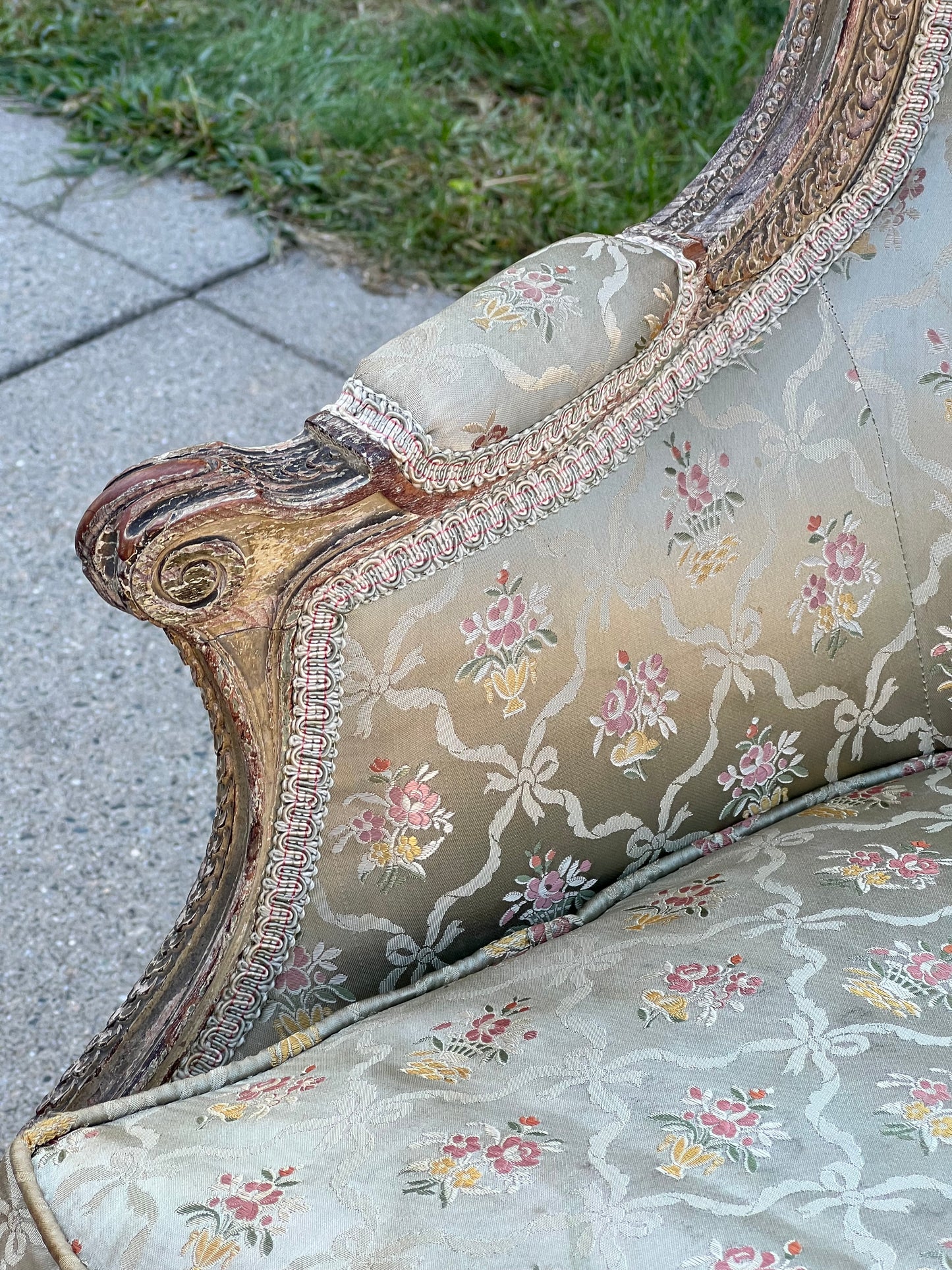 Antique Louis XVI Style Bergere Chair in Pale Silk