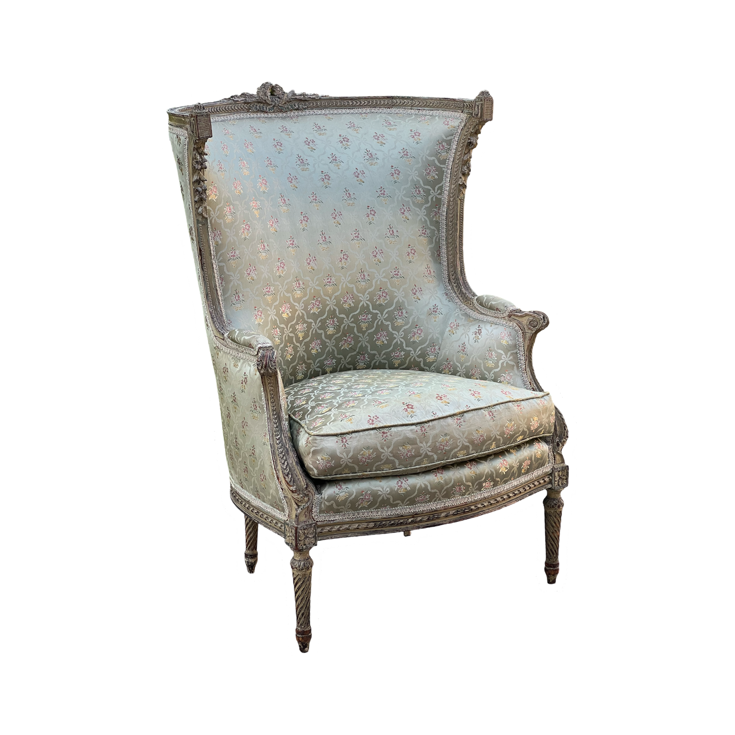 Antique Louis XVI Style Bergere Chair in Pale Silk