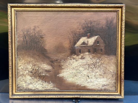 The Vintage Oil on Canvas Painting Winter Cottage by T Bailey from Pearl City Antiques features a snowy scene with a narrow path to a cozy cottage, framed by bare trees and an overcast sky.