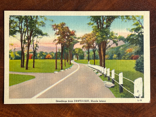 This Lot of Five Antique Pawtucket Rhode Island Post Cards from Pearl City Antiques features vintage scenes like tree-lined roads and classic park views—perfect for postcard collectors and fans of Rhode Island history.
