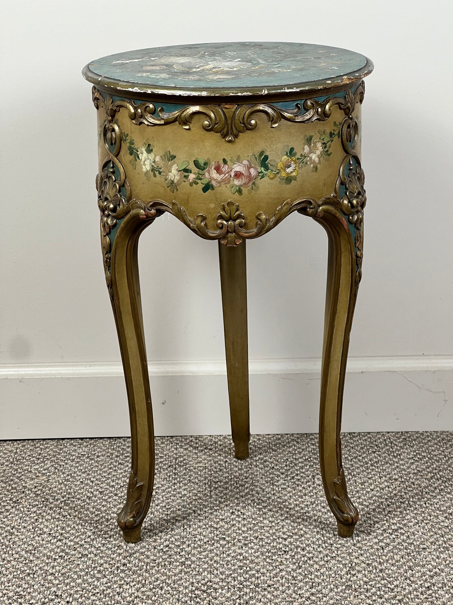 Vintage Paint Decorated French Louis XVI Style Round Accessory Table