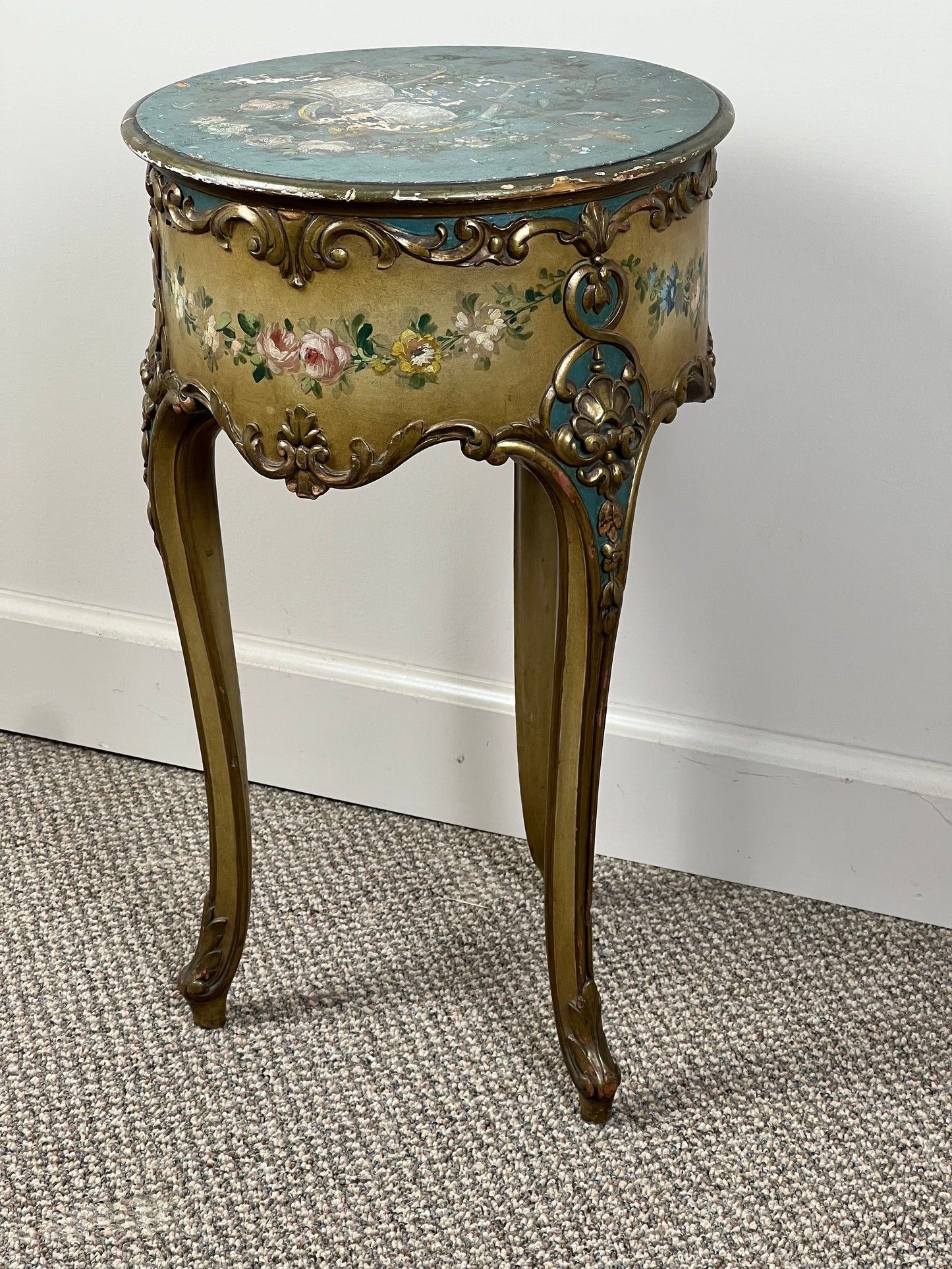 Vintage Paint Decorated French Louis XVI Style Round Accessory Table