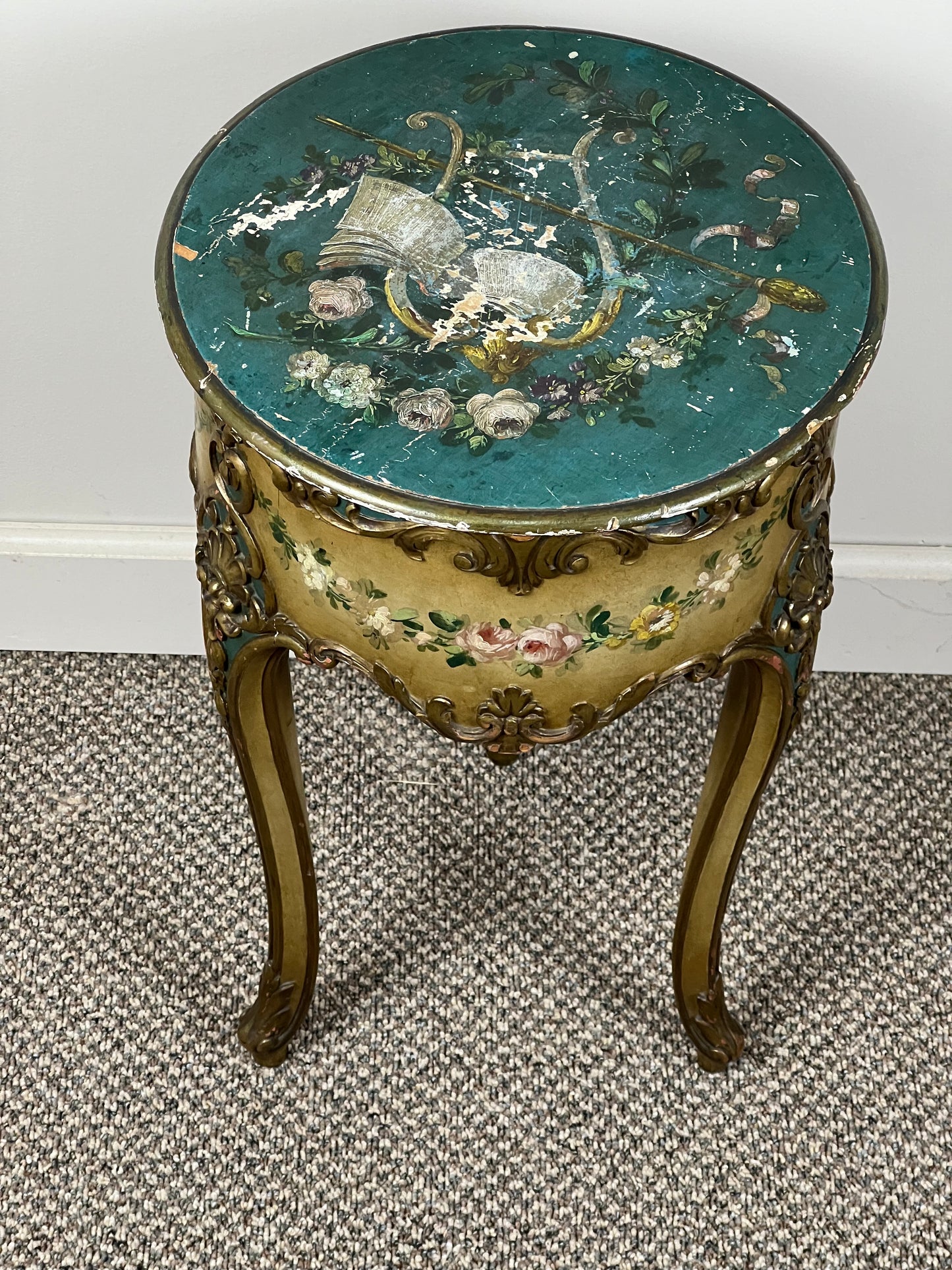Vintage Paint Decorated French Louis XVI Style Round Accessory Table