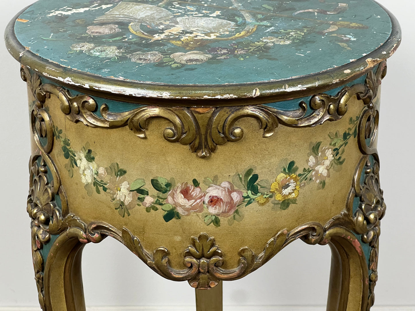 Vintage Paint Decorated French Louis XVI Style Round Accessory Table