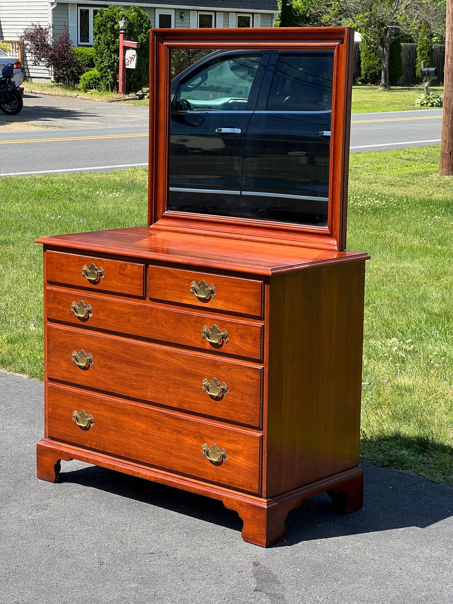 Vintage Solid Black Cherry Dresser with Mirror by Henkel Harris