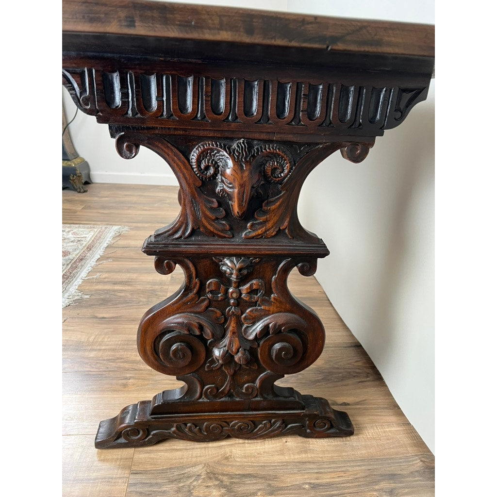 Antique Italian Renaissance Revival Walnut Trestle Console Table c. Late 19th Century