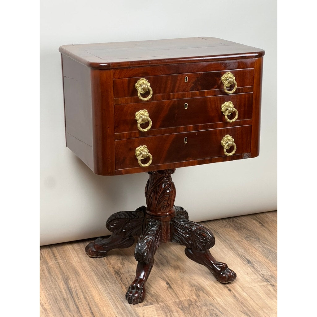 Antique Federal Period Mahogany Three Drawer Stand with Embossed Brass Pulls c. 1820