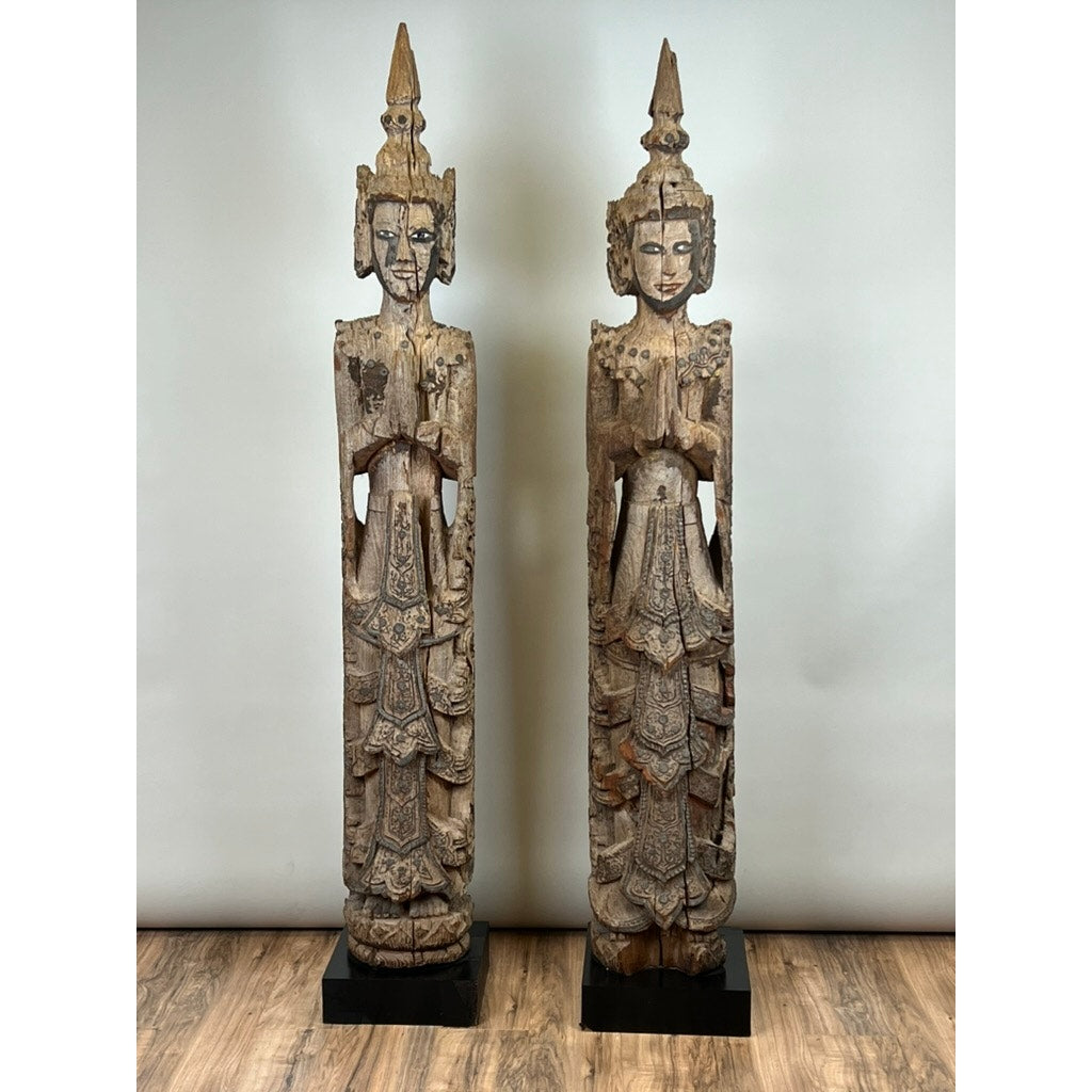 Antique Burmese Teak Monastic Attendants or Guardian Angels c. 19th Century