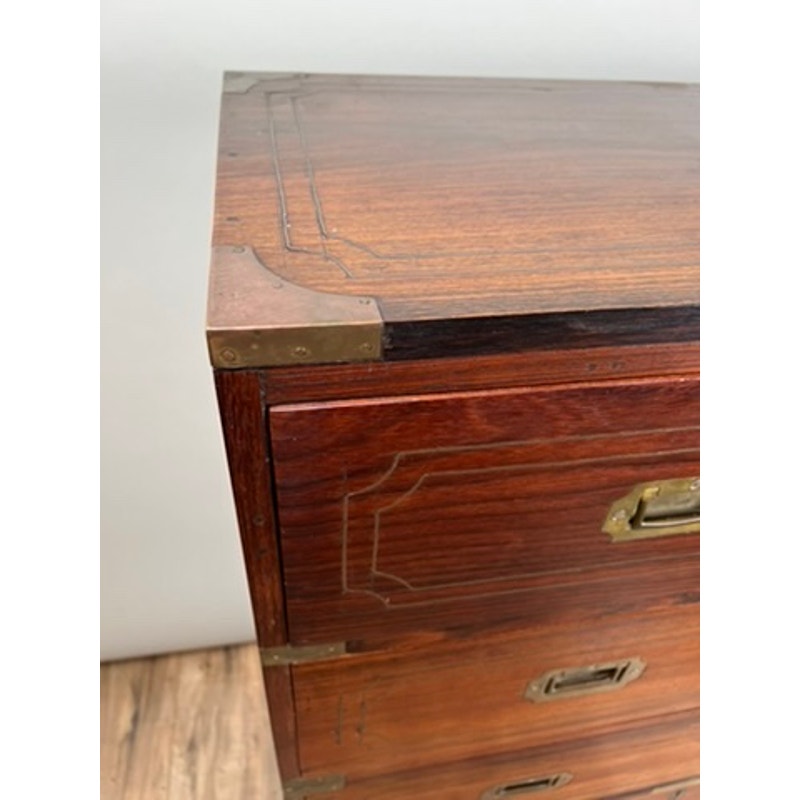 Antique English Teak Campaign Secretary with Brass Inlay and Banding Campaign Secretary c. Mid 19th Century