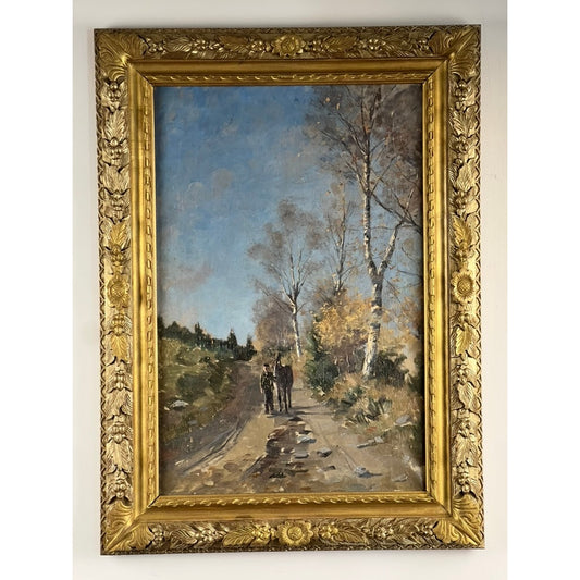 This late 19th-century oil on canvas painting, offered by Pearl City Antiques, is titled “Man and His Donkey on a Birch Lined Path.” Unsigned and set in an ornate gold frame, this Antique Continental School artwork beautifully depicts a tranquil rural landscape with a man and his donkey journeying along a birch-lined dirt path under an expansive blue sky amidst autumn foliage and bare trees.