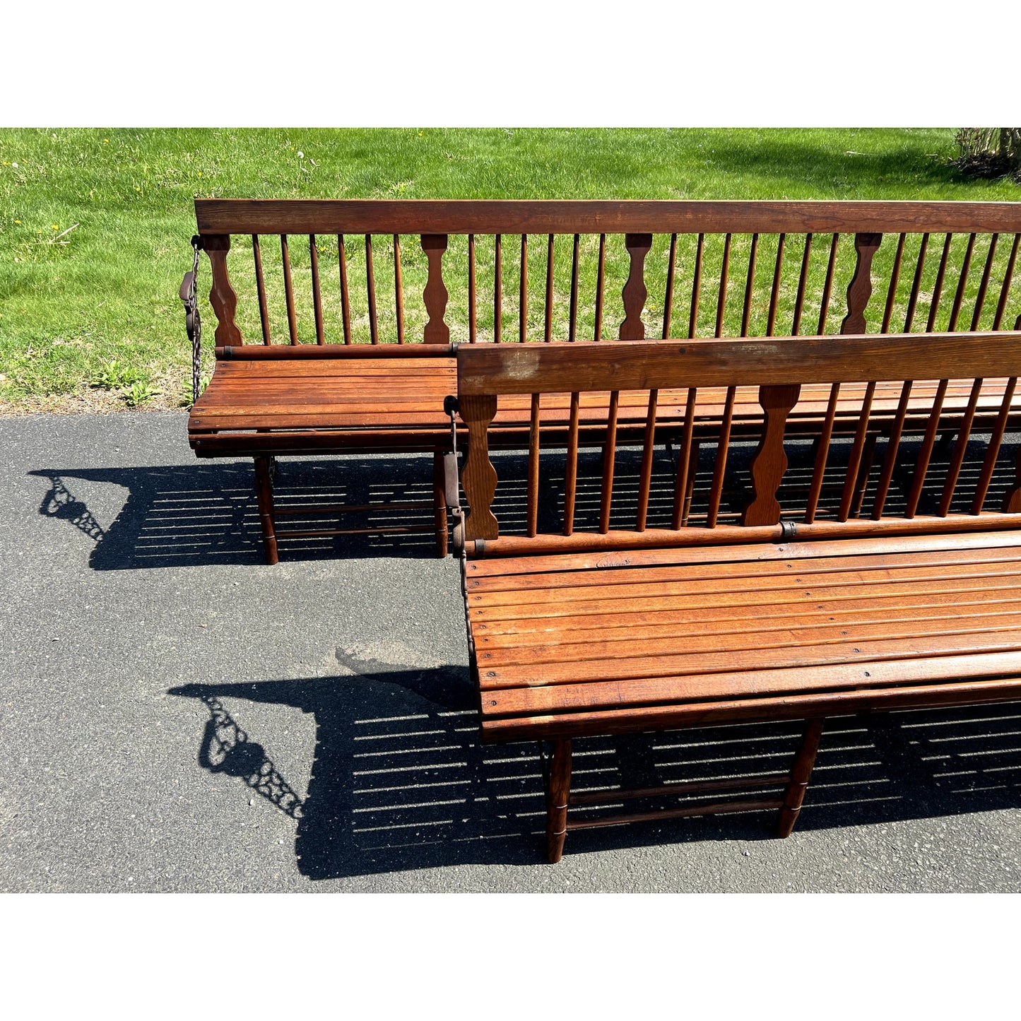 Pair Antique Chestnut Folding Railroad Benches c. Late 19th Century