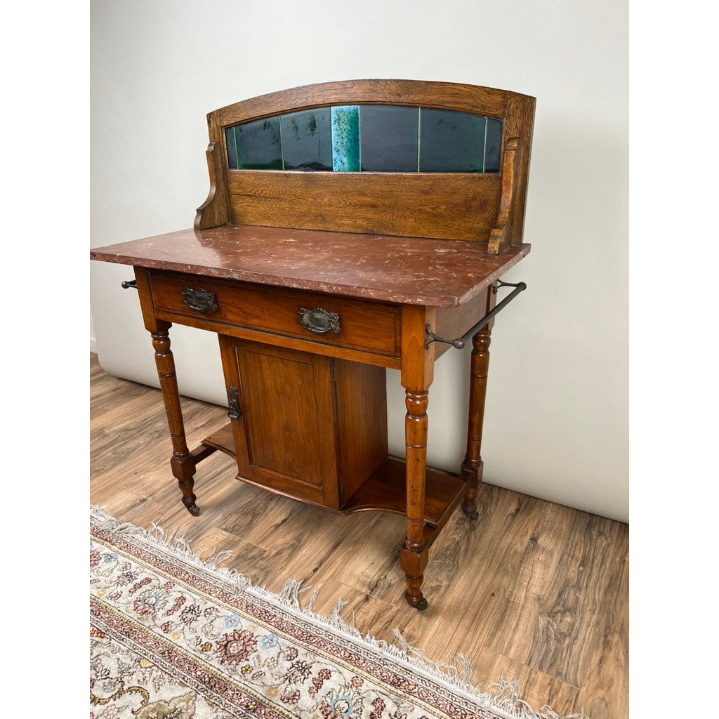 Antique Edwardian Marble Top Wash Stand with Tile Back Splash c. 1917