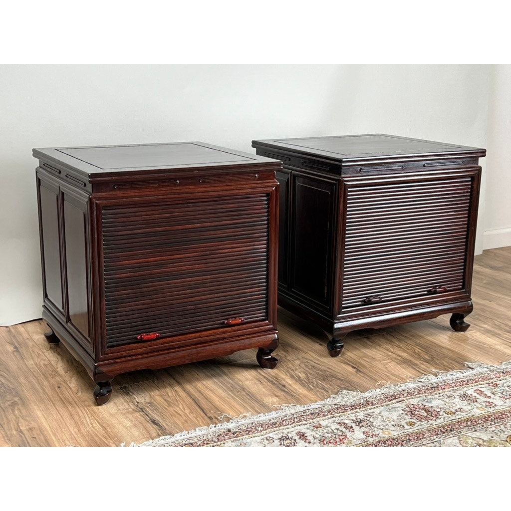 Vintage Pair Solid Rosewood Chinese Tambour Four Drawer End Tables