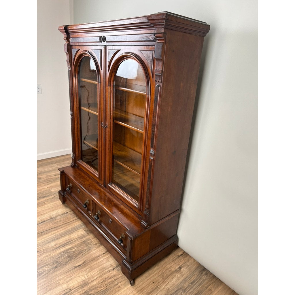 Antique Victorian Walnut and Burl Glass Door Bookcase c. 1900