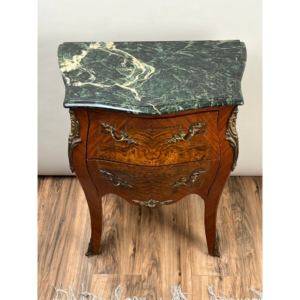 Small Vintage Mahogany Louis XVI Style Two Drawer Bombe Marble Top Commode c. 1940