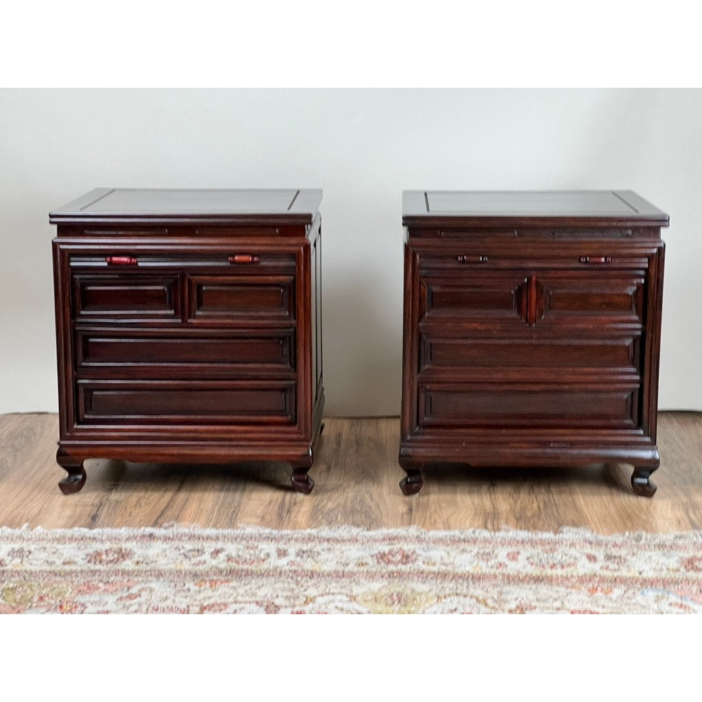 Vintage Pair Solid Rosewood Chinese Tambour Four Drawer End Tables