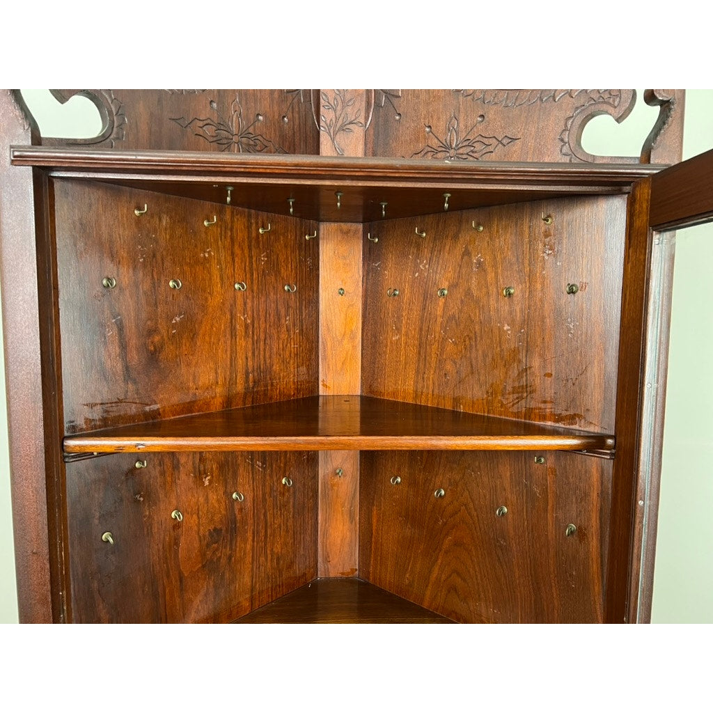 Antique Arts and Crafts Walnut Glass Door Corner Cabinet c. 1910