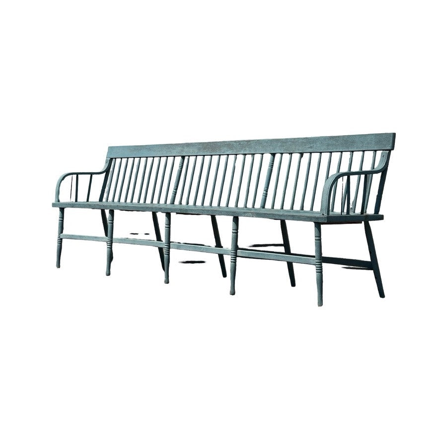 Antique 10’ Deacon’s Bench in Older Slate Blue Paint c. Mid 19th Century