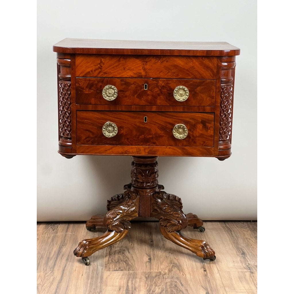 Antique Federal Period Mahogany Work Table with Pineapple Carved Pillars c. 1840