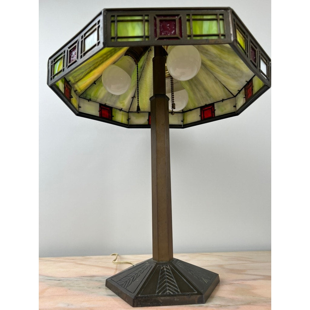 Antique Bradley & Hubbard Arts & Crafts Prairie School Slag Glass Lamp